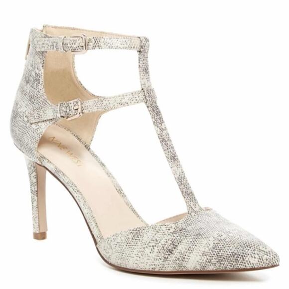 Nine West Cream Heels with Pointed Toe and Ankle Strap T Strap Snake Print 8 - Picture 2 of 13